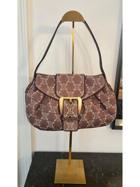 Celine Macadam Burgundy Denim Shoulder Bag